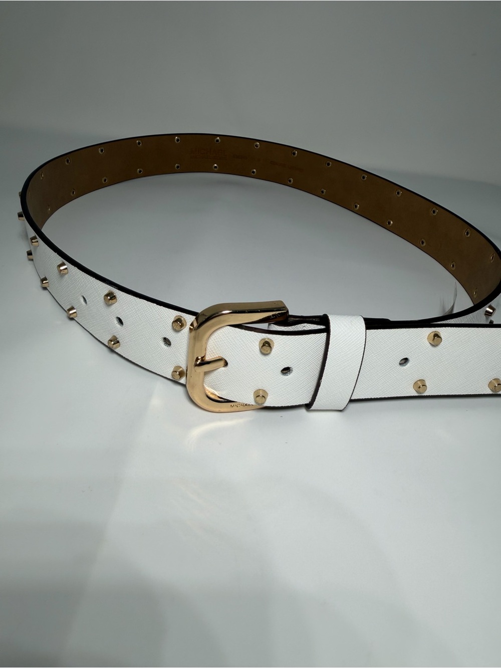 Michael Kors White Leather Belt with Gold Studs & Buckle